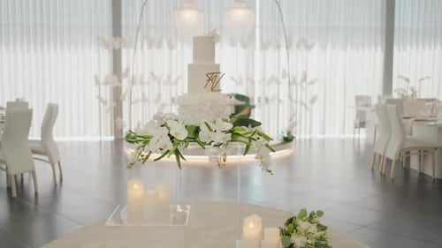 Elegant Wedding Cake Displayed with Floral Arrangements