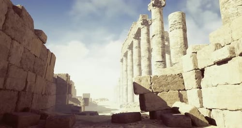 Exploring Ancient Ruins with Towering Columns Under a Bright Sky