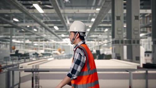 Side View of Asian Male Engineer Holding Tablet While Walking at Solar Panel Factory