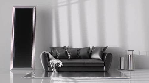 Elegantes, modernes Sofa mit dramatisch Lichtschatten und elegantem Spiegel