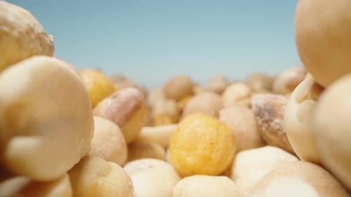 A mixture of nuts on the table on a sunny, clear day. Dolly slider extreme close-up.