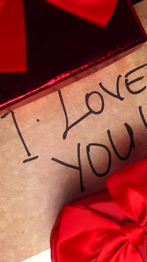 Vertical View, Valentines Day Gift Boxes and I Love You Written Message