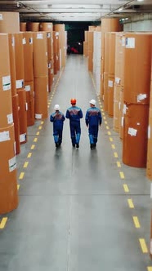 Engineers Workers are Taking Inventory of Warehouse Paper Industry Paper Mill Workers Walk Through a
