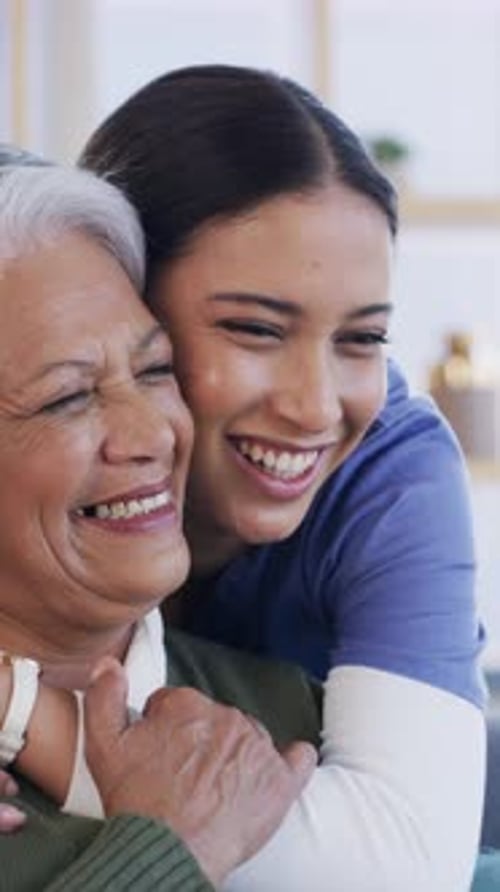 Face, caregiver and old woman in nursing home with hug for trust, wellness or healthcare assistance