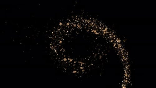 Goldener Partikelring mit schwarzem Hintergrund, kreisförmiger Rahmen, funkelt und flackert, goldener glitzernder Lichtschweif