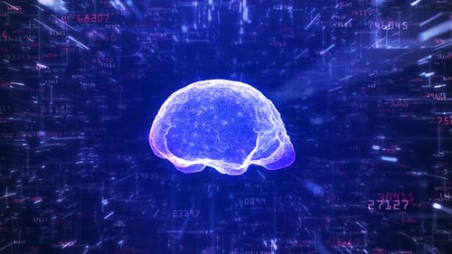 Digitales Gehirn: KI- und Machine-Learning-Konzept mit blauem Binärcode und Datenfluss