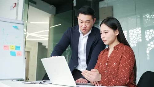 Two asian businesspersons discuss work issues, consult at workplace in business office.