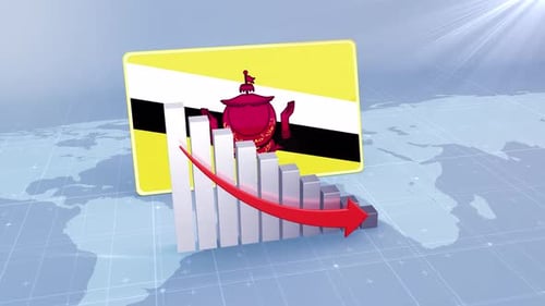 Brunei Flag With Decrease Bar Chart Graph And Arrow Red