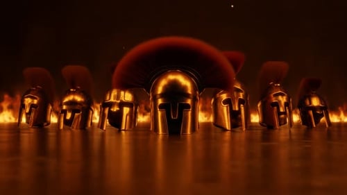 Golden Spartan Helmets in Fire with Dramatic Reveal
