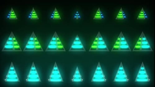 Dynamic neon pyramids pulsing with vibrant green and blue light