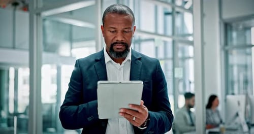 Face, employee and man with tablet, office and happy with research for wealth management and online