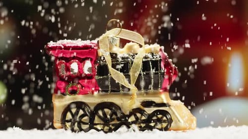 Christmas New Year Background Vibes of Winter Holiday Toy Train and Railway Near Christmas Tree