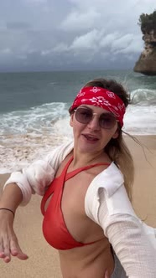 Happy Carefree Girl Rejoicing Sea Waves Summer Cloudy Day Smiling Attractive Woman Running Jumping