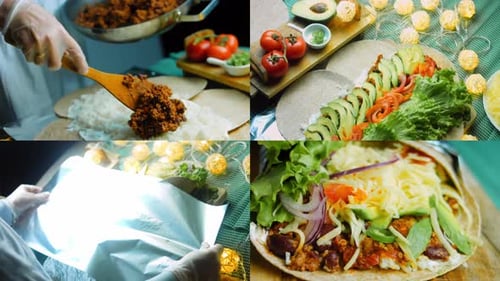 Vier Videos mit der Zubereitung von Very Large Burrito mit Avocado und Chorizo-Fleisch