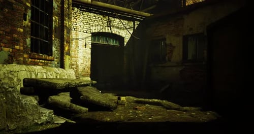 Dark Abandoned Industrial Building with Flickering Light Loop