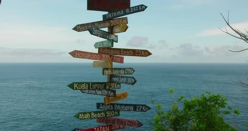 Directional Sign Post with Ocean Backdrop