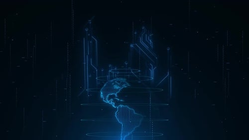 World Map Hologram Metaverse Idea of Worldwide Connections Linking Wireframe International Data