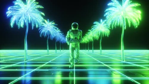 Astronaute courant entre des palmiers fluo, toile de fond en boucle