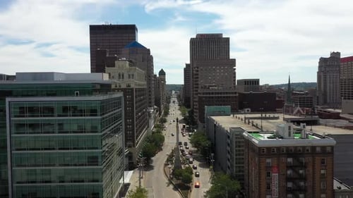 Aerial view of buildings and street, United States.