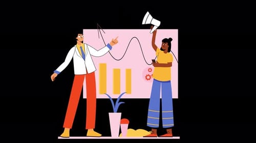 Cheerful characters using a megaphone and chart visuals