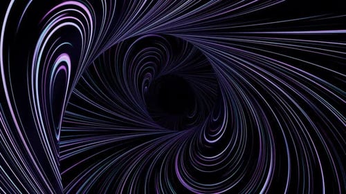Swirling spiral tunnel formed by glowing purple and blue light streak lines on deep black background
