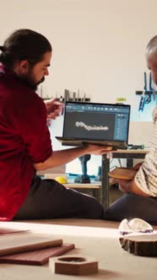 Vertical Video Manufacturer and Coworker Designing Custom 3D Furniture