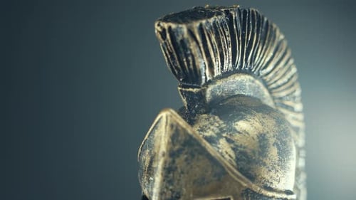 A smooth steady shot of a spartan design, wet warrior metal bronze helmet, on a 360 rotating stand,