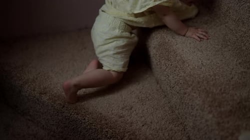 Cute Baby Crawls Up Carpeted Stairs at Home