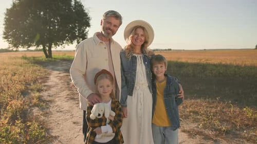 Portrait Happy Family Stand Look at Camera in Field Feel Happy Smile Outdoor Activeparent Nature