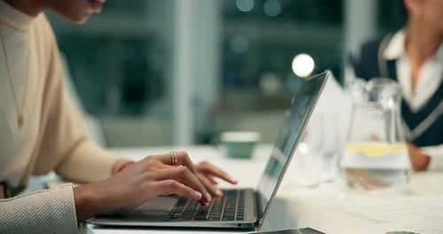Woman, hands and typing on laptop in office, online communication and business report with employee