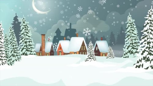 Flat Design Winter Village with Falling Snow Animation