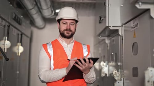 El ingeniero eléctrico inspecciona y toma notas en el portapapeles en la sala de paneles de control industrial