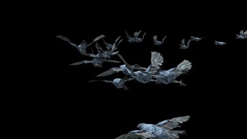 Flock of Abstract Metallic Birds Flying on Alpha Channel