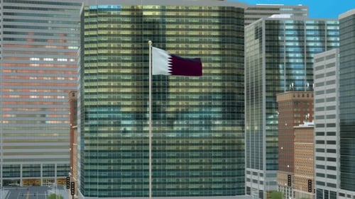 Qatar Flag Waving in Modern City Environment