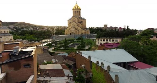 Grand Georgian Orthodox Church Of The Holy Trinity Cathedral of Tbilisi In Georgia. Aerial Drone Sho