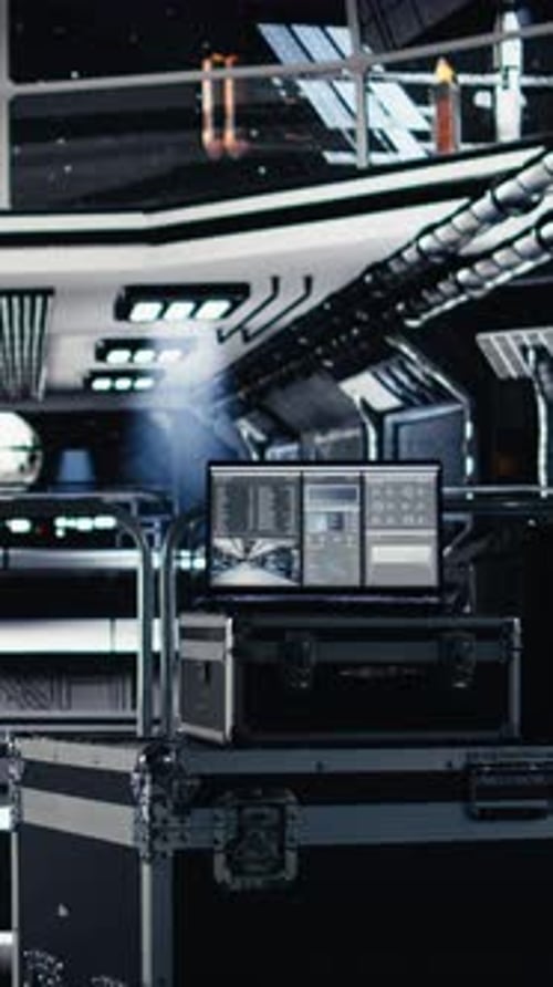 Vertikaler Video-Chroma-Key-Monitor, der Astronauten der Orbitstation bei Wartungsarbeiten unterstützt