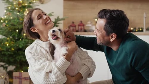Happy Couple Celebrating Christmas with Dog