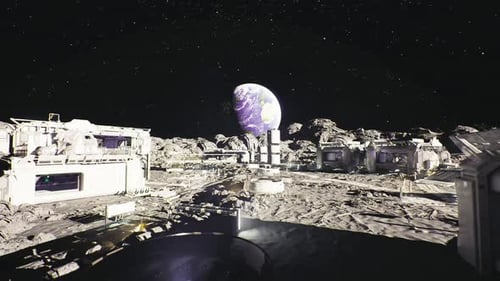 Assemblage robotique de modules d'habitat sur le terrain lunaire la nuit