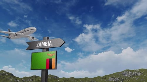 Zambia Flag With Airplane And Arrow Sign
