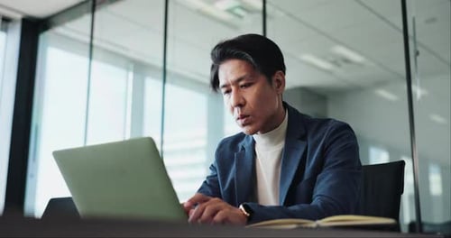 Laptop, research and thinking with accountant in office for administration, report or planning