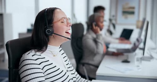 Call center, talking and woman with headset in office for customer service