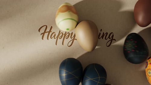 Brightly patterned easter eggs rolling past "Happy Spring" golden text.