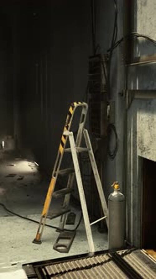 Construction Site Details with Ladder and Safety Equipment in a Dim Corridor