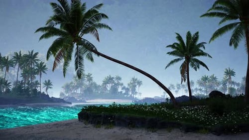 Serene Tropical Beach at Dusk with Swaying Palm Trees and Gentle Waves