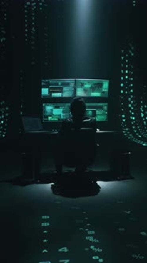 Hacker Working at Computer Station in Dark Room