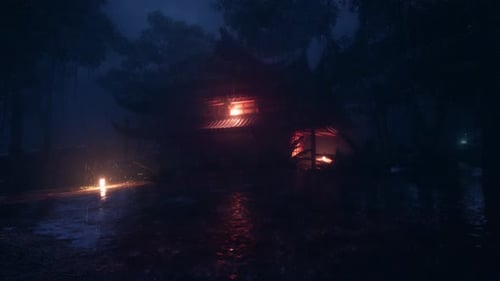 In der kalten Nacht fiel der Regen auf den alten Tempel am Hang