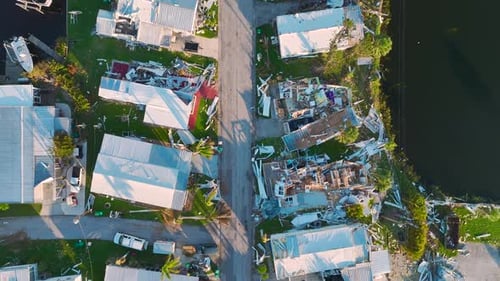 Severely Damaged Houses After Hurricane Ian in Florida Mobile Home Residential Area