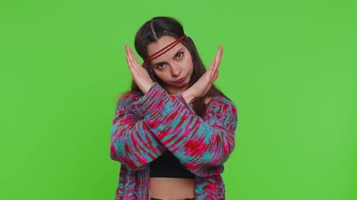 Woman Say No Hold Palm Folded Crossed Hands in Stop Gesture Warning of Finish Prohibited Access