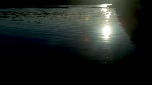 Sunlight reflecting on a lake surface water, moving through many small waves
