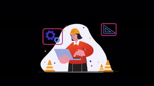 Trabajador de la construcción con computadora portátil, antecedentes diversos